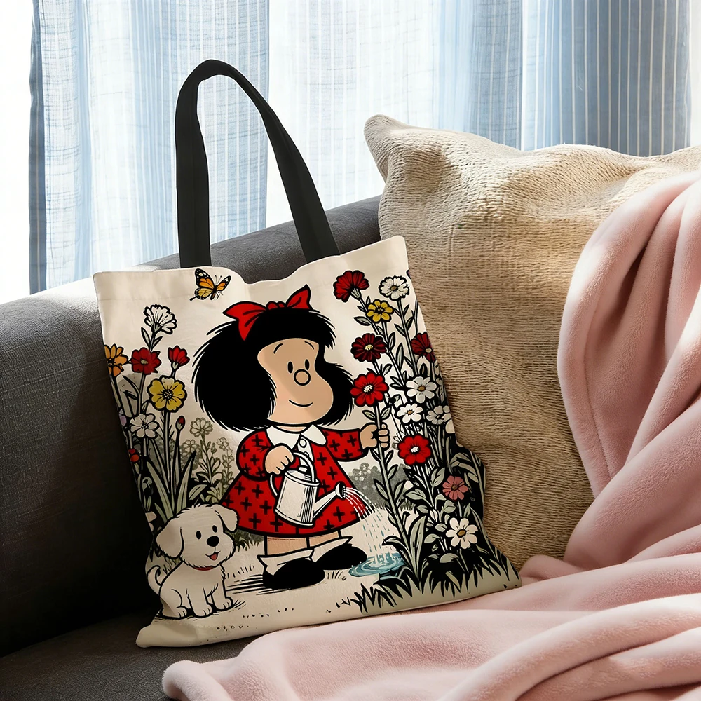 Best 1pc Vintage Cartoon Girl and Puppy Gardening Tote Bag Featuring a cute watering scene, vibrant red accents and butterfly details 2026 - Image 4