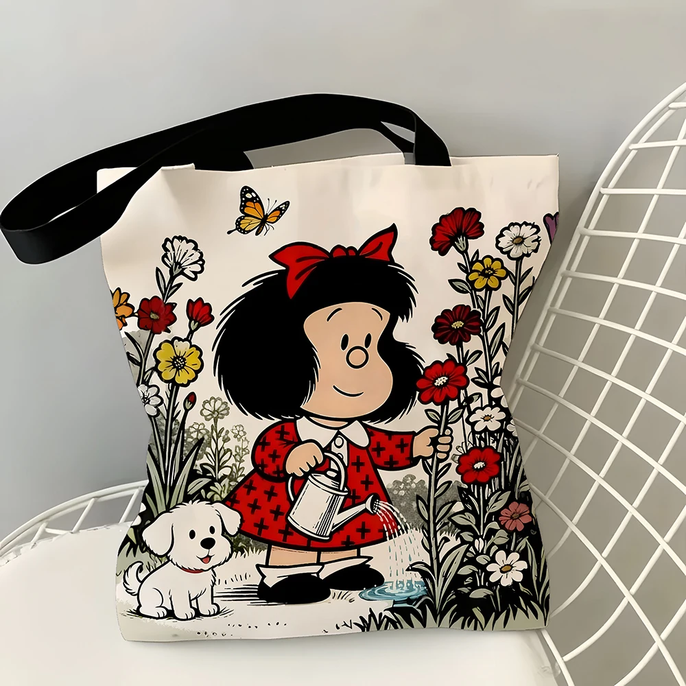Best 1pc Vintage Cartoon Girl and Puppy Gardening Tote Bag Featuring a cute watering scene, vibrant red accents and butterfly details 2026 - Image 3