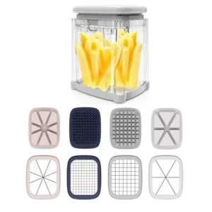 manual french fries cutter with interchangeable blades on kitchen counter