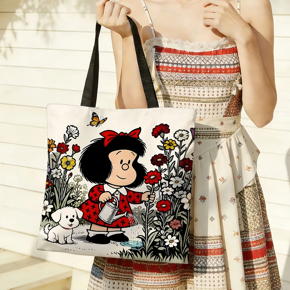 Best 1pc Vintage Cartoon Girl and Puppy Gardening Tote Bag Featuring a cute watering scene, vibrant red accents and butterfly details 2026 - Image 5