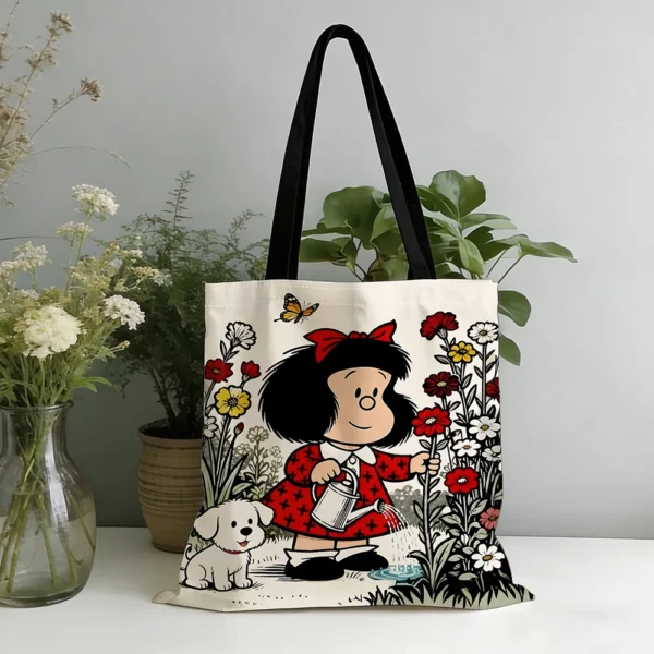 Best 1pc Vintage Cartoon Girl and Puppy Gardening Tote Bag Featuring a cute watering scene, vibrant red accents and butterfly details 2026