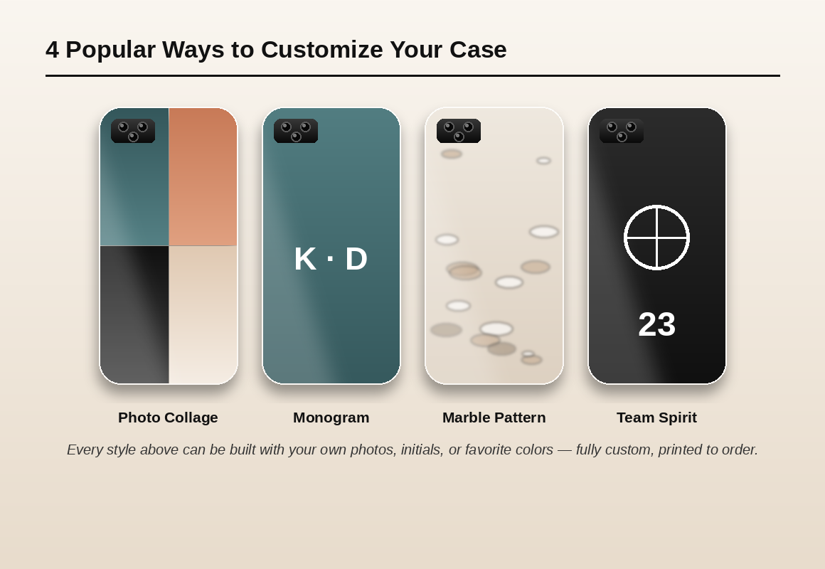 4 popular custom phone case styles: photo collage, monogram, marble pattern, team spirit