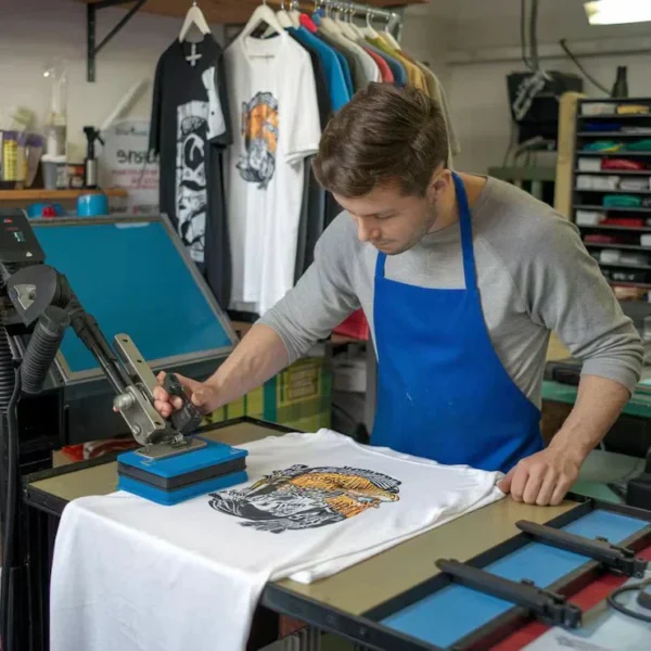 Print on demand production floor where shirts are printed only after an order comes in