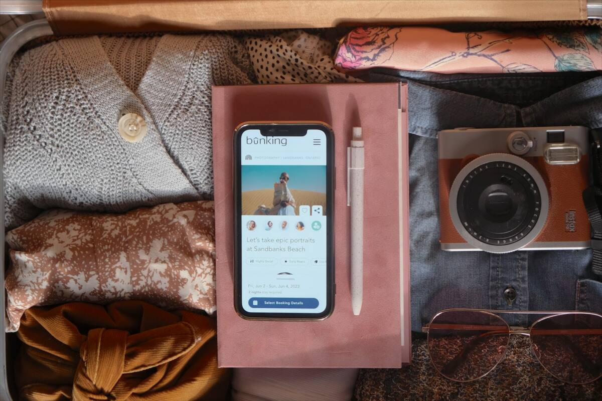 A phone in a travel bag, representing a long distance relationship phone case that keeps you connected