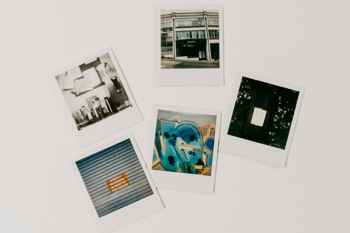 Scattered polaroid-style photo prints, an idea for a photo collage phone case