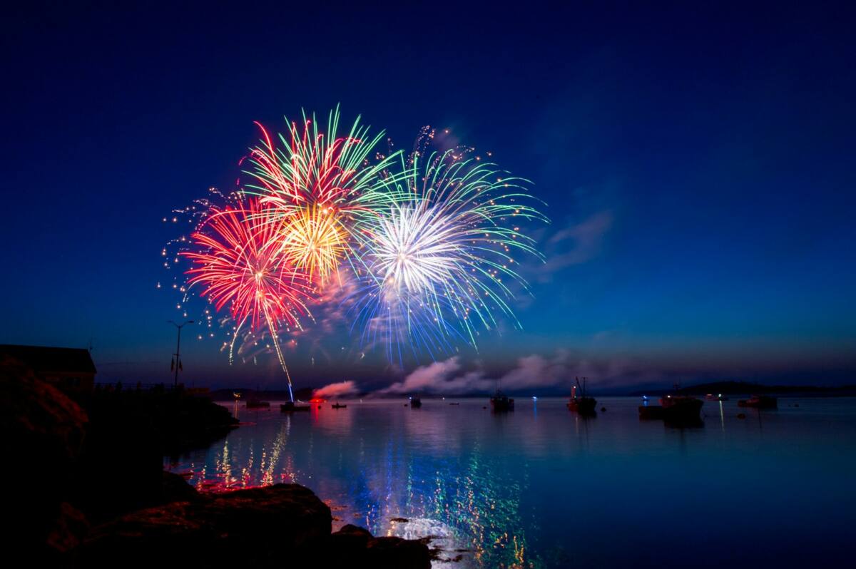 New years eve phone case ideas scene: colorful fireworks display over water at night