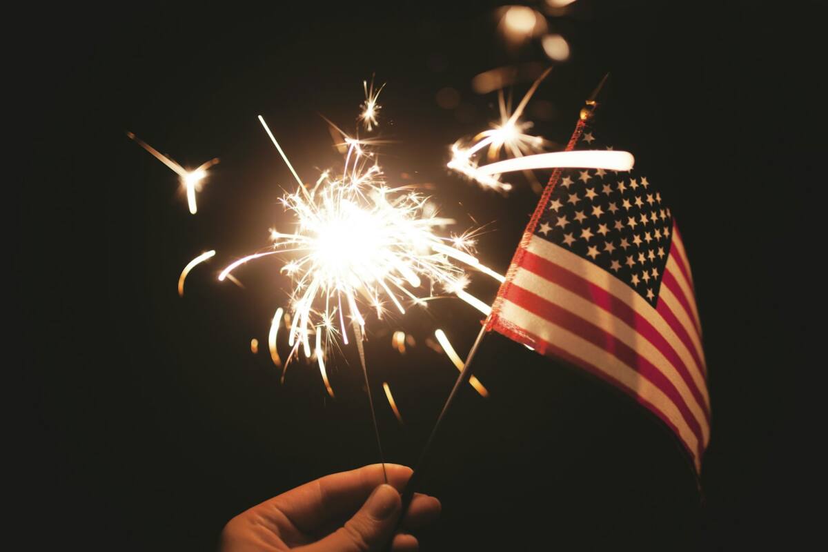 Fourth of July phone case ideas featuring a sparkler and American flag at night
